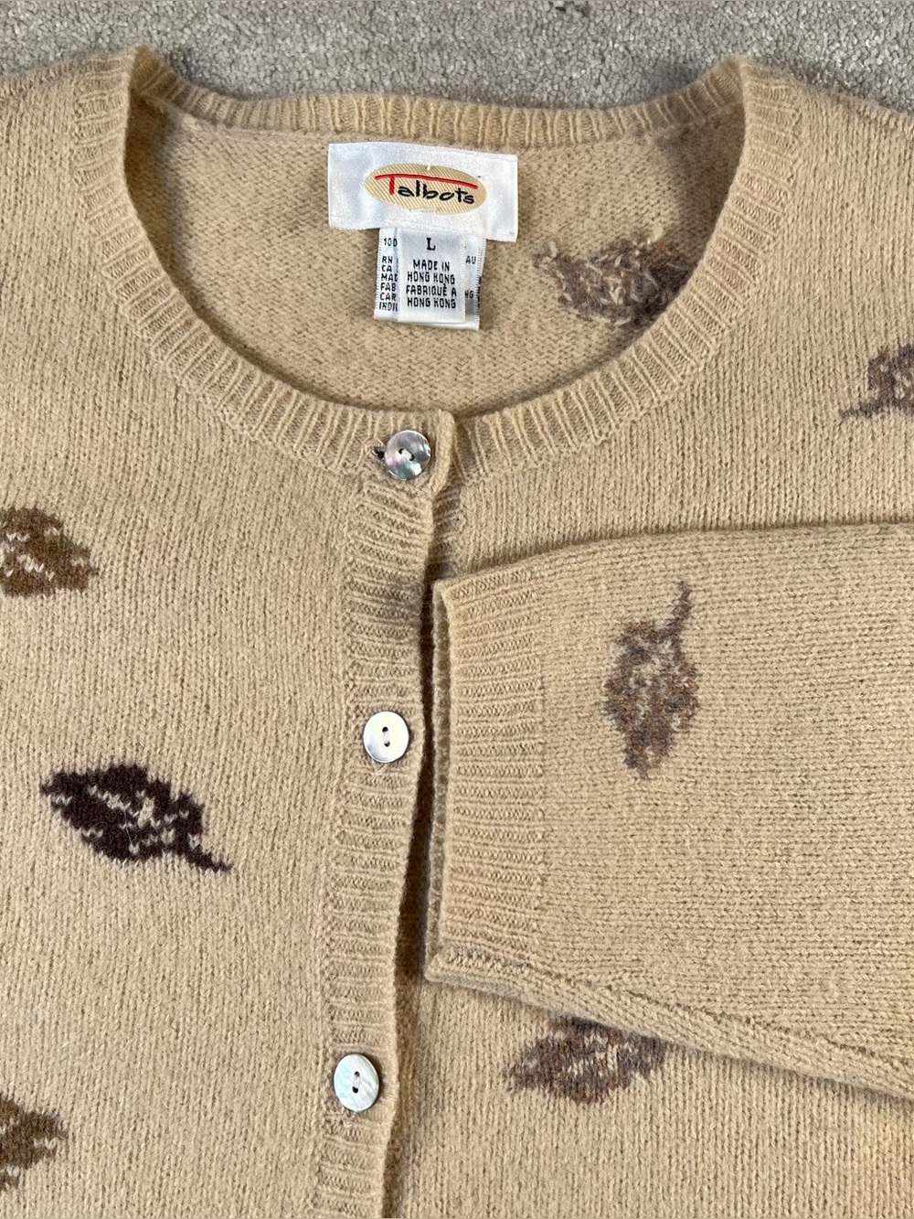 Talbots Sweater Lambswool Cardigan Tan Brown Fall Leaves Button Front Crew Large